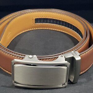 Men's Tan 1 3/8" Wide Leather Ratchet Belt Brushed Buckle 48 Inch Adjustable